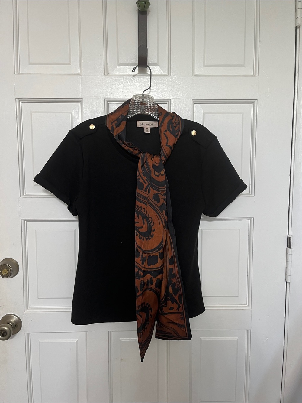 Philosophy Black Short-Sleeve Top with Brown Printed Scarf
